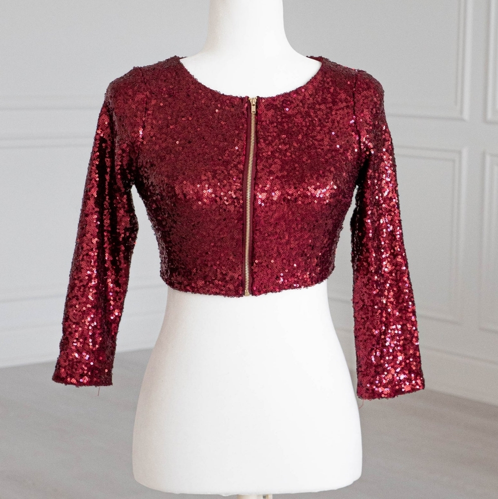 Tia Bhuva Cropped Sequin Top 3/4 Sleeve Lined Festive Blouse zip Jacket NWTsz XL